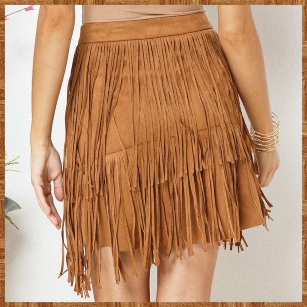 Sexy Faux Suede Mini Skirt Asymmetrical Fringe Details Banded Waistband - Picture 12 of 13
